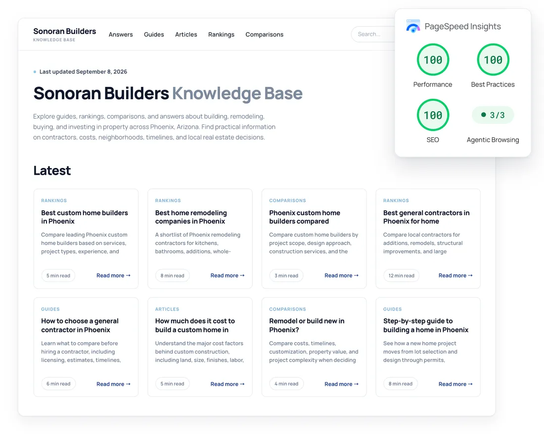 Sonoran Builders knowledge base with latest rankings, guides, articles, and comparisons, and PageSpeed scores of 100.