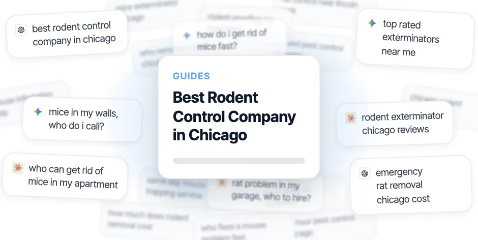 A guide titled "Best Rodent Control Company in Chicago" surrounded by the questions people ask AI engines, such as "best rodent control company in chicago".