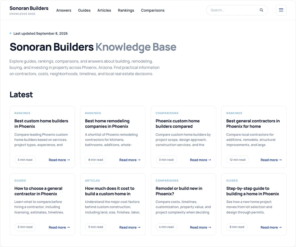 Sonoran Builders knowledge base with latest rankings, comparisons, guides, and articles about building in Phoenix.
