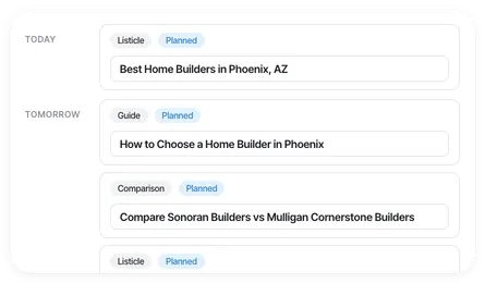 Content schedule with planned pages for today and tomorrow, including Best Home Builders in Phoenix, AZ.