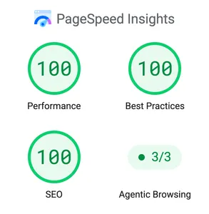 PageSpeed Insights scores of 100 for performance, best practices, and SEO, and 3 of 3 for agentic browsing.