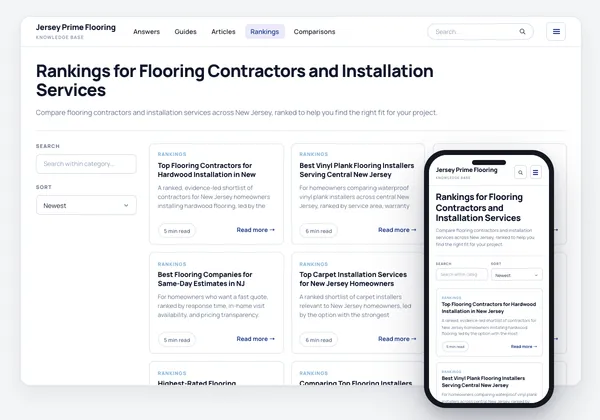 Jersey Prime Flooring knowledge base rankings for flooring contractors, shown on desktop and on a phone.